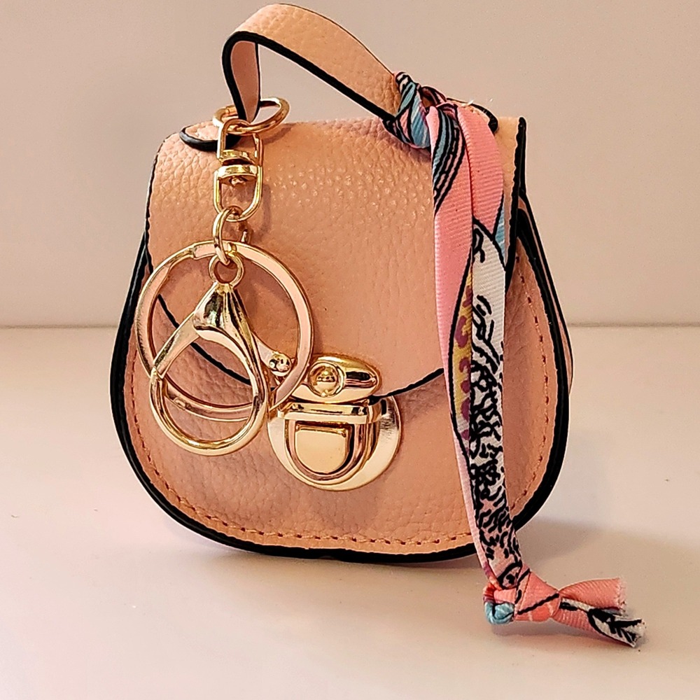 Mini Satchel Keychain Bag Charm Blush Pink Faux Leather with Twilly Scarf Accent